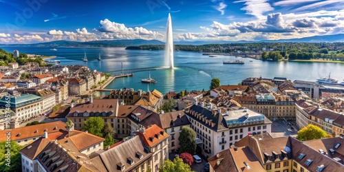 Aerial View of Geneva with Jet d'Eau Fountain, Switzerland, Photography, Cityscape, Architecture, Geneva, Switzerland