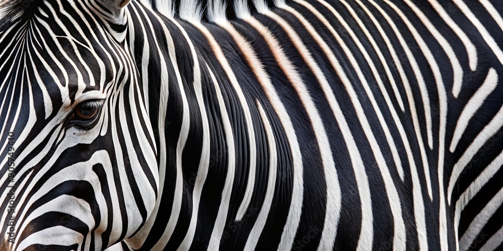 Fototapeta premium Close-up of a Zebra's Stripes and Eye, Black and White Fur, Animal Pattern, Zebra Stripes, Wildlife Photography, Zebra, Stripes