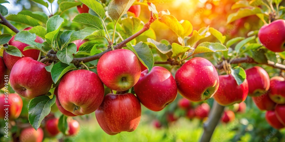 Close-Up of Red Apples on a Branch with Sunlight Filtering Through the Leaves, Apple Orchard, Fruit Tree, Harvest Season, Red Apples, Sunlight, Leaves Close-Up of Red Apples on a Branch with Sunlight Filtering Through the Leaves, Apple Orchard, Fruit Tree, Harvest Season, Red Apples, Sunlight, Leaves