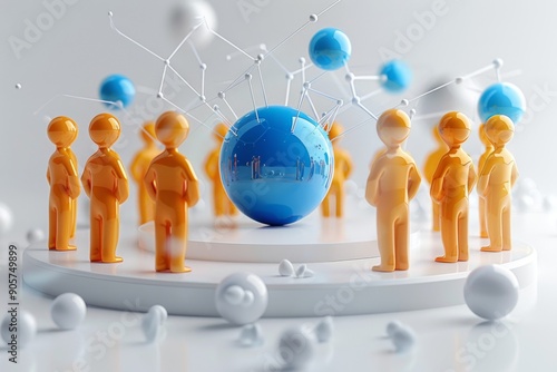 Network of Abstract Figures Surrounding a Blue Globe with Connections. photo