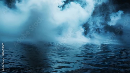 Eerie mist rising over a dark, calm body of water