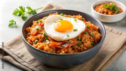 Fried Egg on Spicy Kimchi Fried Rice in a Bowl, Korean food, kimchi rice, fried rice, egg