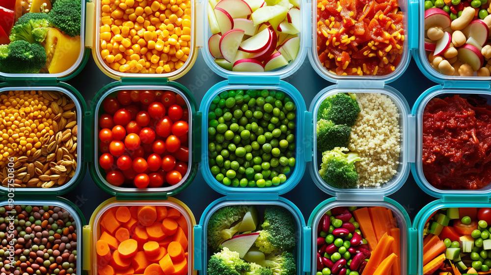 Array of colourful healthy meal prep containers variety of vegetables fruits abundance and freshness. AI generated Array of colourful healthy meal prep containers variety of vegetables fruits abundance and freshness. AI generated