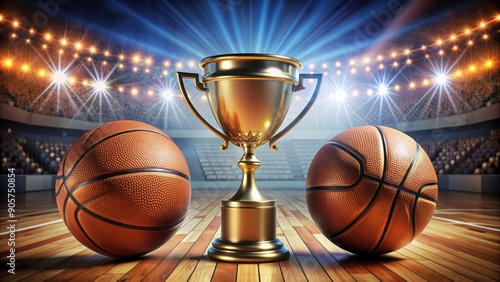 Wallpaper Mural Golden Trophy with Basketballs on a Court, 3D Rendering, Basketball Championship, Golden Trophy, Court , Basketball, Championship Torontodigital.ca