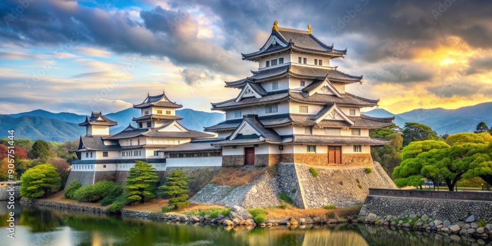 Naklejka premium Majestic Japanese Castle at Sunset, Golden Hour Reflection, Ancient Architecture, Water, Mountains, Japan, Castle