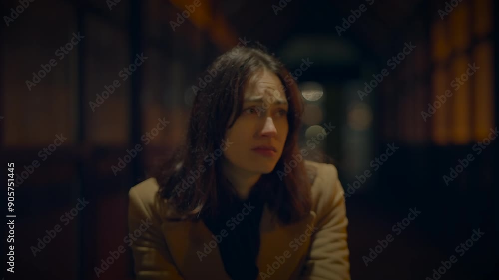 Experience a moment of reflection with a contemplative woman in a city night scene Experience a moment of reflection with a contemplative woman in a city night scene