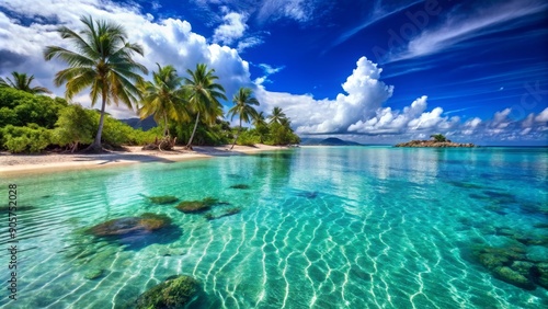 Fototapeta Naklejka Na Ścianę i Meble -  Palm Trees Framing Clear Turquoise Water, Tropical Island Paradise, White Sand Beach, Crystal Clear Ocean , tropical island, beach paradise, vacation
