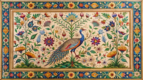 Peacock Amidst Floral Tapestry, Mughal Art, Miniature Painting, Persian Art, Mughal Flower, Peacock Painting