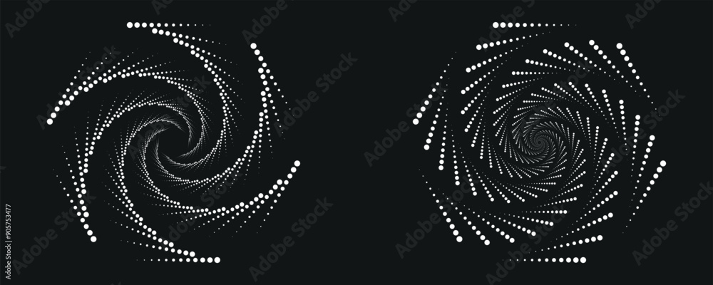 Modern abstract background. Halftone dots in circle form. Spiral logo, icon or design element. Black dots on a white background and white dots on the black side. Modern abstract background. Halftone dots in circle form. Spiral logo, icon or design element. Black dots on a white background and white dots on the black side.