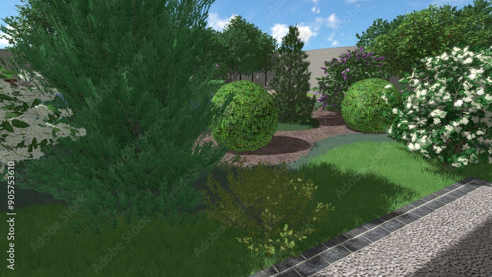3d image of the landscape design of the home territory. Landscaping of the territory. Computer visualization of composite landscaping and landscaping solutions. 3d image of the landscape design of the home territory. Landscaping of the territory. Computer visualization of composite landscaping and landscaping solutions.