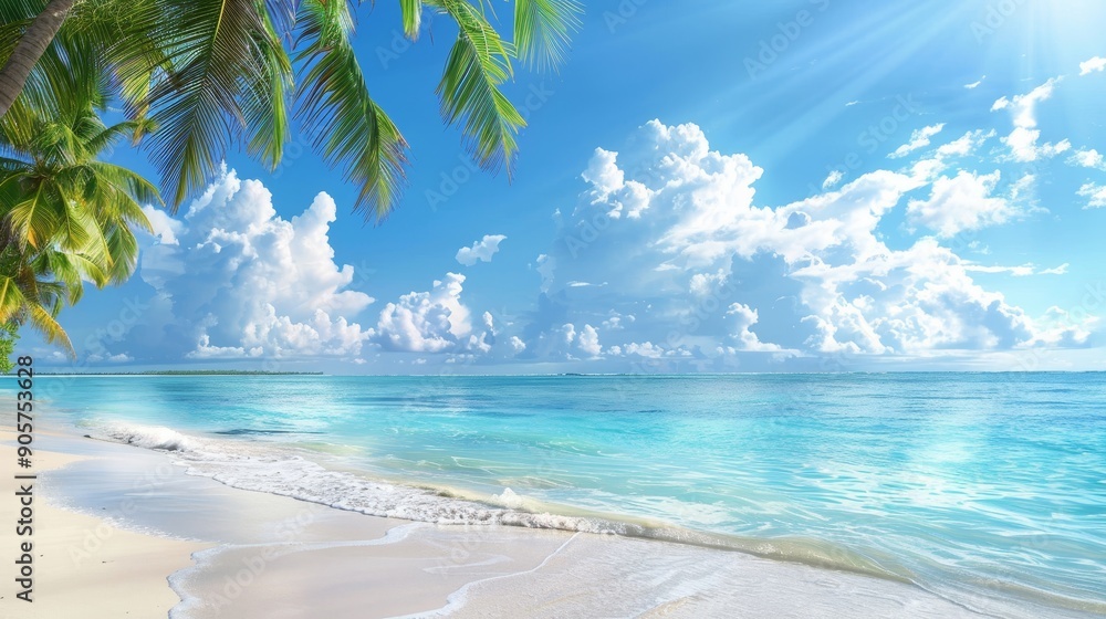 Fototapeta premium Palm Tree Paradise A View of Tranquil Beach and Blue Skies, palm tree, beach, tropical, ocean