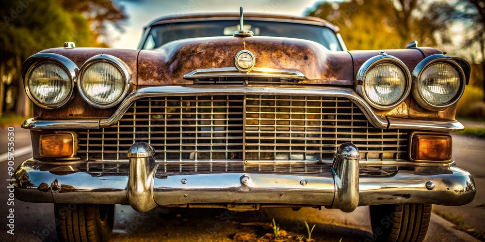 Obraz premium Vintage Chrome Grille and Headlights, Closeup, Old Car, Rust, Classic Car, Front View, Headlights