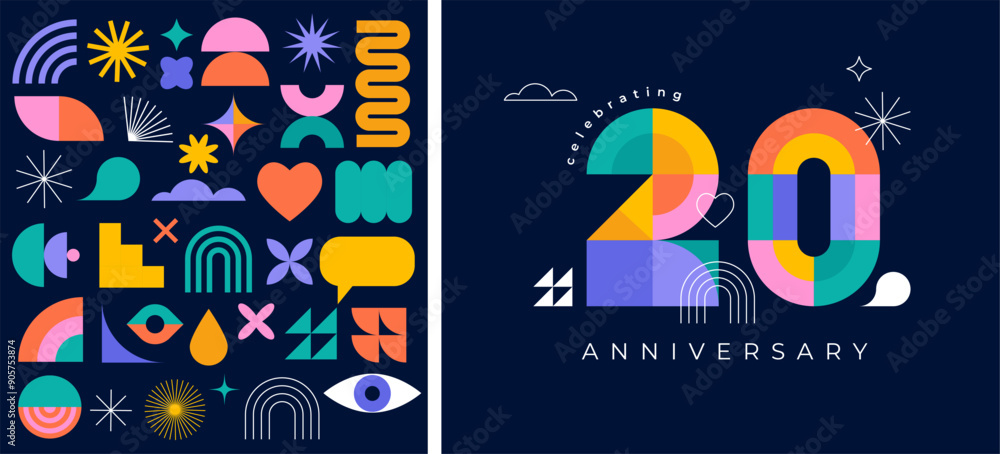 Anniversary concept design. Modern geometric style. Fireworks and celebration colorful background, set of numbers Anniversary concept design. Modern geometric style. Fireworks and celebration colorful background, set of numbers