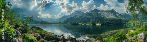 Serene Mountain Lake with Dramatic Clouds, Landscape, Nature, Serenity, Mountains