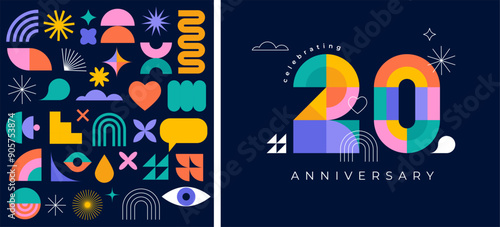 Anniversary concept design. Modern geometric style. Fireworks and celebration colorful background, set of numbers