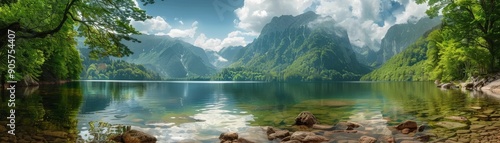 Tranquil Mountain Lake Reflection, Panoramic View, Vivid Colors, Crystal Clear Water, lake, mountain, reflection