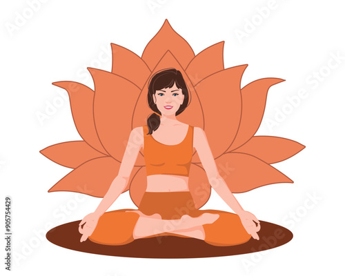Brown brunette hair woman meditating with a flower behind. Female cartoon character demonstrating various meditation positions isolated on light background. Colorful flat illustration for spiritual