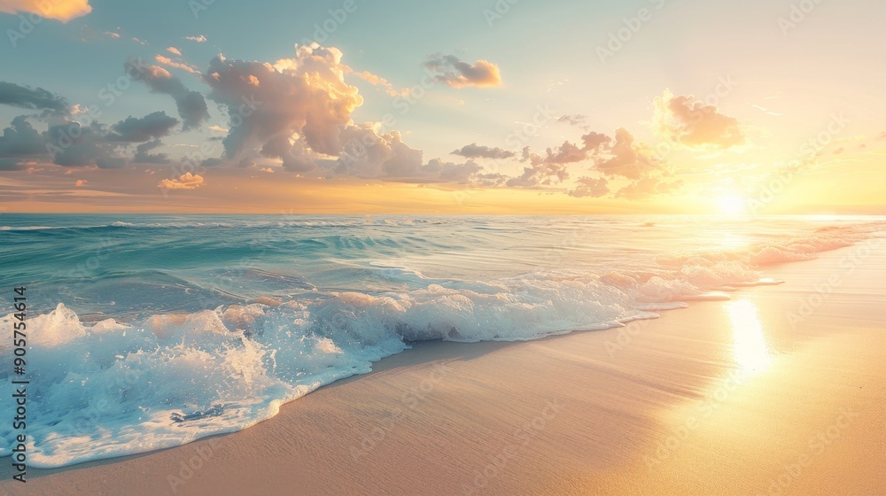 Fototapeta premium A high-quality image of a serene beach at sunset with ample space in the sky for text. Ideal for marketing, travel, and inspirational content. AI generated image.