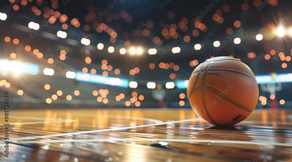 A basketball resting on court floor illuminated by stadium lights in an empty arena A basketball resting on court floor illuminated by stadium lights in an empty arena
