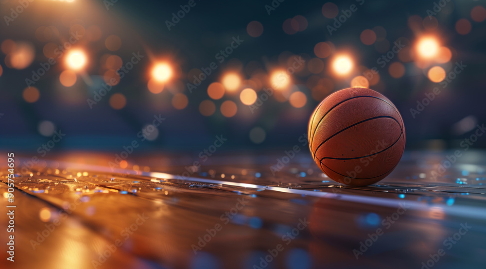 A basketball resting on court floor illuminated by stadium lights in an empty arena A basketball resting on court floor illuminated by stadium lights in an empty arena