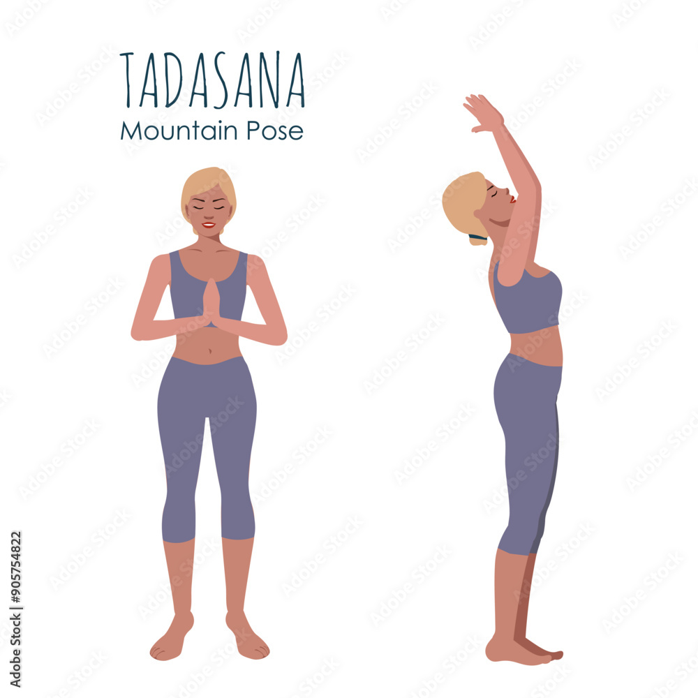 Blonde woman in violett lavender outfit in a yoga pose. Female cartoon character demonstrating various yoga positions isolated on light background. Colorful flat illustration for spiritual, yoga