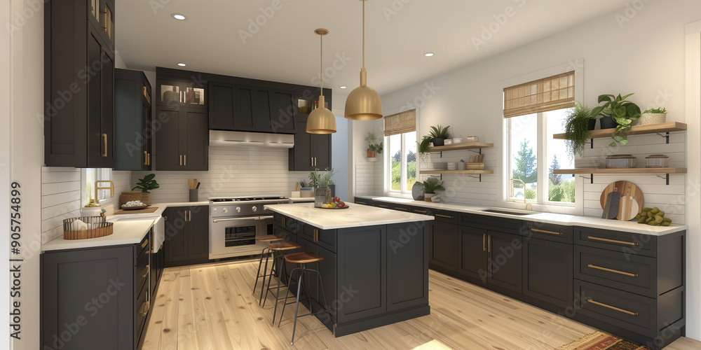 Modern and spacious kitchen decorated with flowers black cabinet cooking area Modern and spacious kitchen decorated with flowers black cabinet cooking area