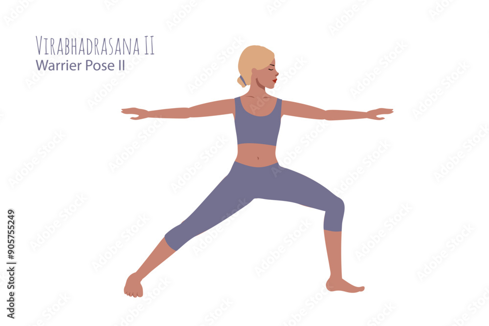 Blonde woman in violett lavender outfit in a yoga pose. Female cartoon character demonstrating various yoga positions isolated on light background. Colorful flat illustration for spiritual, yoga Blonde woman in violett lavender outfit in a yoga pose. Female cartoon character demonstrating various yoga positions isolated on light background. Colorful flat illustration for spiritual, yoga