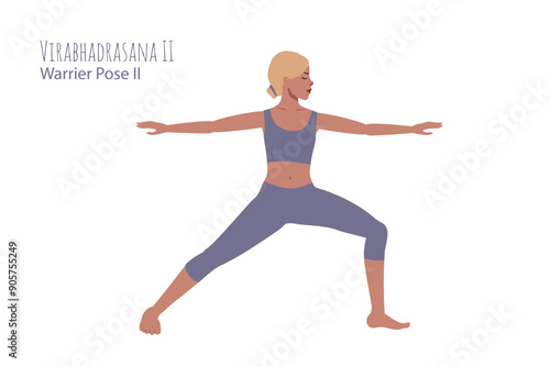 Blonde woman in violett lavender outfit in a yoga pose. Female cartoon character demonstrating various yoga positions isolated on light background. Colorful flat illustration for spiritual, yoga