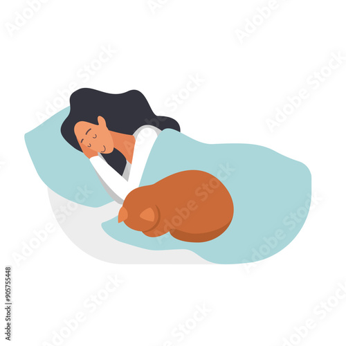 A woman sleeps peacefully with a ginger cat curled up beside her under a blue blanket.