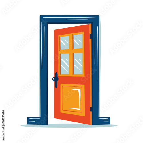 Brightly colored door partially open within blue frame, hinting entrance exit, welcoming gesture, flat design. Orange door blue windows, isolated white background, reflective glass effect