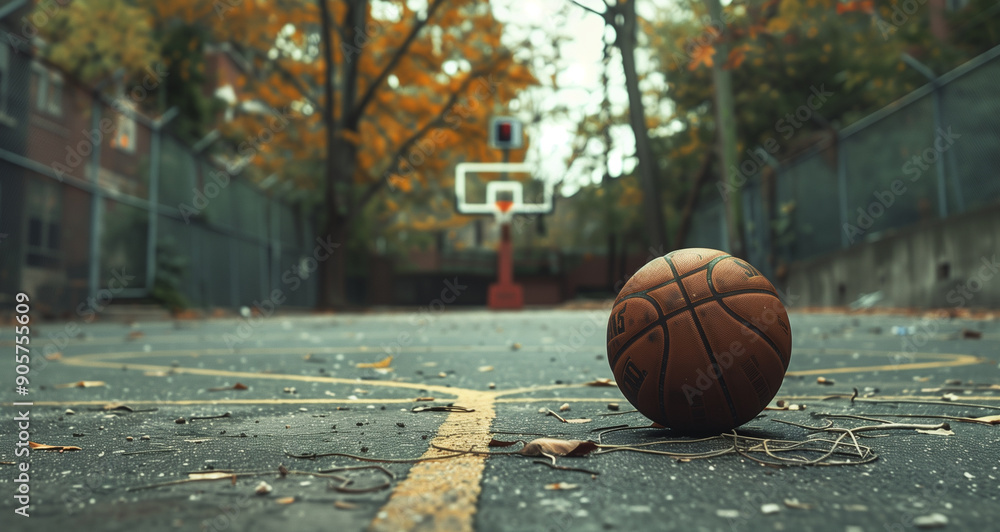 Close-up of a basketball on a street basketball court Close-up of a basketball on a street basketball court