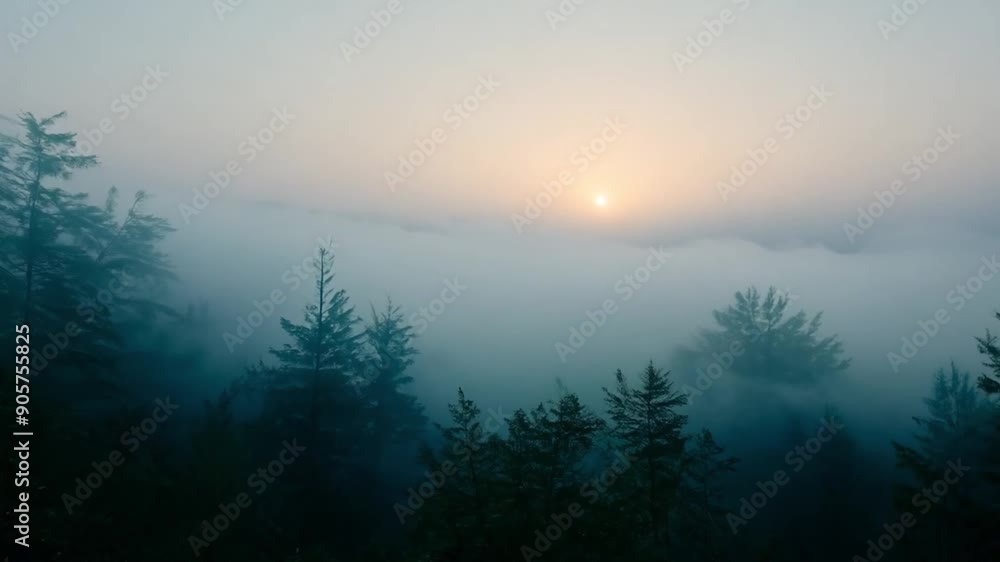A serene sunrise emerges over a mist-covered forest, casting soft light through the trees at dawn, creating a tranquil atmosphere. A serene sunrise emerges over a mist-covered forest, casting soft light through the trees at dawn, creating a tranquil atmosphere.