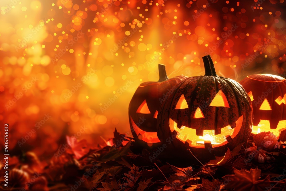 Fototapeta premium Halloween Jack-o’-Lanterns Glowing in Autumn Leaves at Night