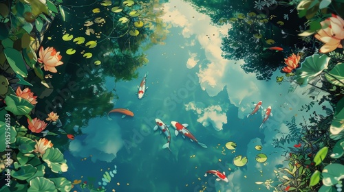 Koi Pond with Lily Pads and...
