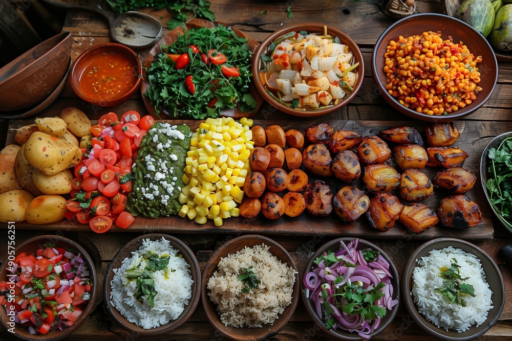 Colorful Traditional Feast Laid Out On A Wooden Table With Diverse Dishes And Fresh Ingredients Colorful Traditional Feast Laid Out On A Wooden Table With Diverse Dishes And Fresh Ingredients