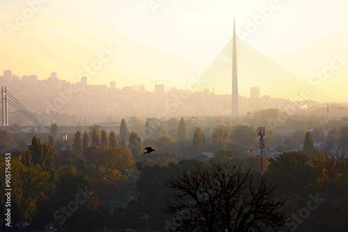 Belgrade (Capital of Serbia) sunset view from Kalemegdan Fortress on the cityscape and cable-stayed bridge