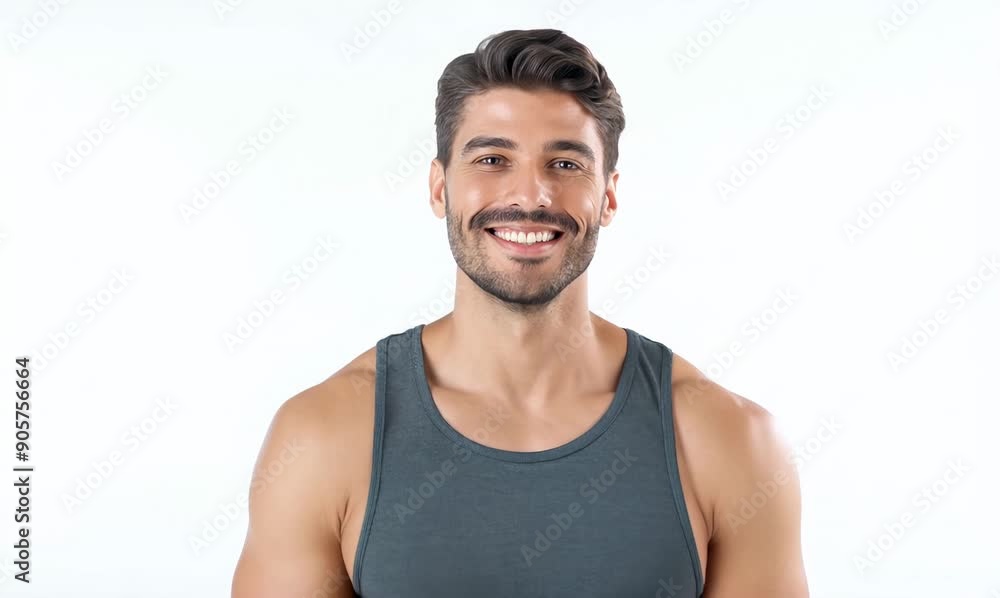 Medium shot portrait video of a pleased man in his 30s that is wearing a sporty tank top against a white background Medium shot portrait video of a pleased man in his 30s that is wearing a sporty tank top against a white background