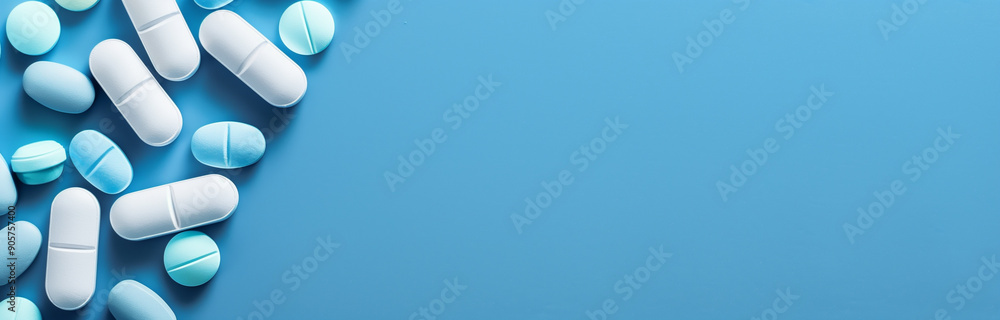 Scattered pills on a plain blue background representing mental health medication pharmaceutical industry and healthcare with copy space for text Scattered pills on a plain blue background representing mental health medication pharmaceutical industry and healthcare with copy space for text