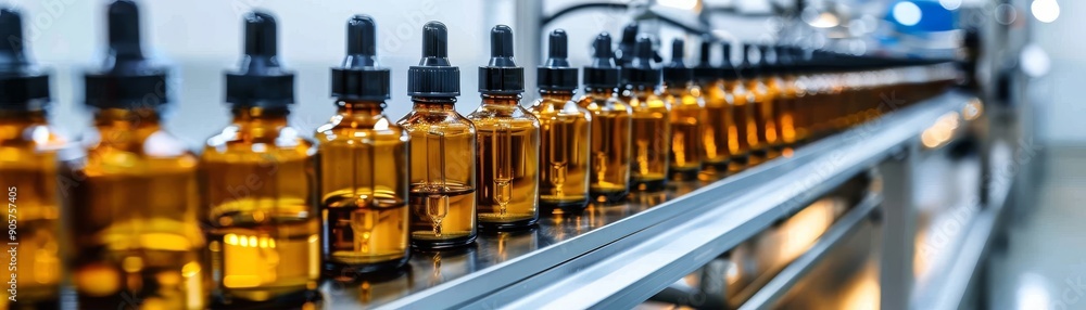 Conveyor Belt of Amber Bottles with Dropper Tops, factory, production, pharmaceutical , packaging Conveyor Belt of Amber Bottles with Dropper Tops, factory, production, pharmaceutical , packaging