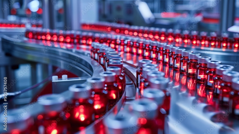 Conveyor Belt of Red Liquid Filled Vials in a Factory, Conveyor Belt, Liquid Filled Vials, Factory ,Manufacturing Conveyor Belt of Red Liquid Filled Vials in a Factory, Conveyor Belt, Liquid Filled Vials, Factory ,Manufacturing