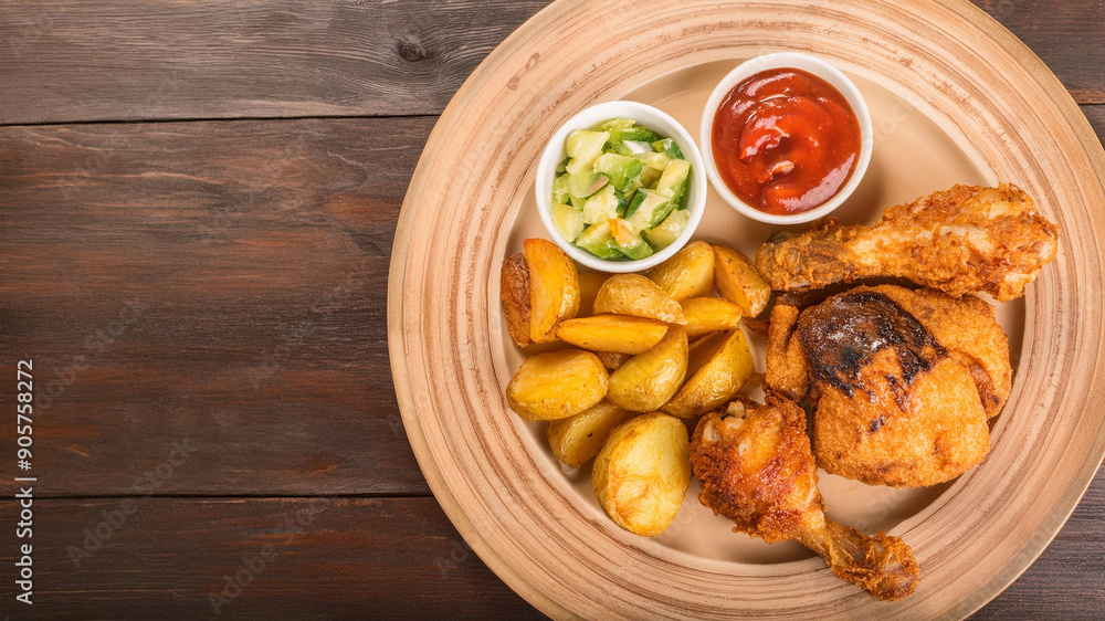 A plate with fried chicken, potato and sauce on a wooden table, ai generated A plate with fried chicken, potato and sauce on a wooden table, ai generated
