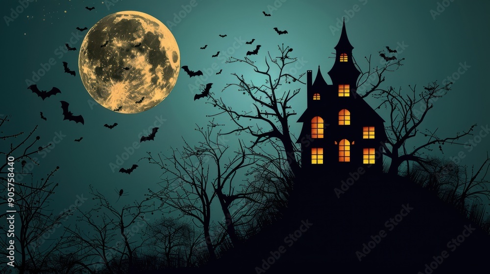 An old, spooky house on top of a hill with a full moon An old, spooky house on top of a hill with a full moon