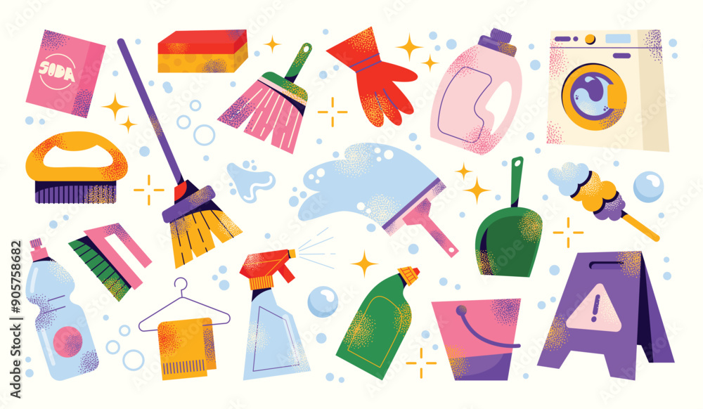 Set of cleaning tools and products. Equipment and accessories collection for cleaning home. Bucket, cleaning supplies, bottles, spray, brush, gloves. Housework concept. Vector illustration isolated Set of cleaning tools and products. Equipment and accessories collection for cleaning home. Bucket, cleaning supplies, bottles, spray, brush, gloves. Housework concept. Vector illustration isolated