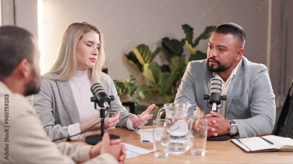 Podcast, presenter and people with mic in interview for recording, conversation and guest on talk show. Discussion, info and host with broadcast for celebrity news, content creation or live streaming Podcast, presenter and people with mic in interview for recording, conversation and guest on talk show. Discussion, info and host with broadcast for celebrity news, content creation or live streaming