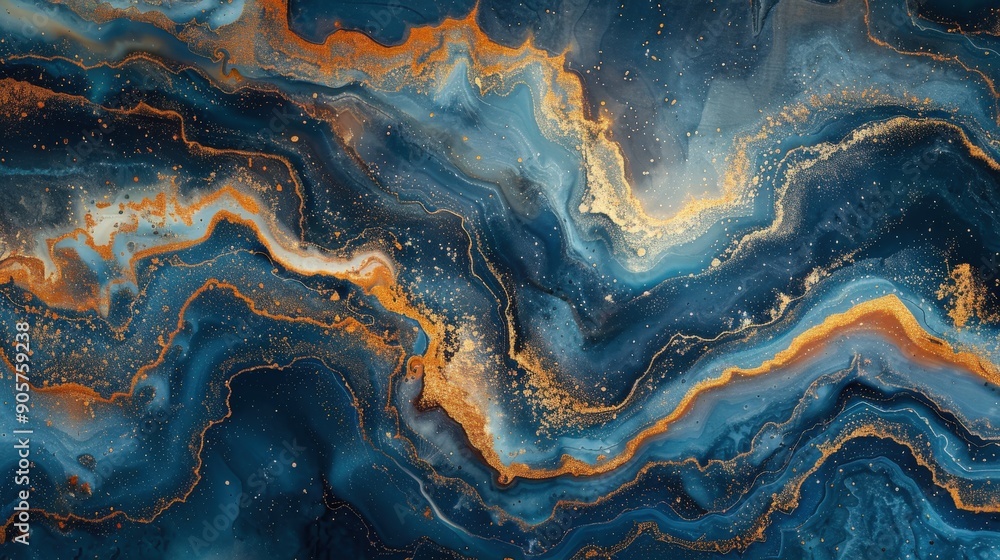 Fototapeta premium An elegant abstract design with a textured blue background, incorporating gold and rainbow effects to mimic the look of liquid paint and mineral textures, perfect for creative and luxury wallpaper