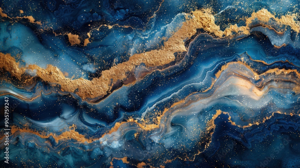 Fototapeta premium A vibrant and textured abstract background in shades of blue, with flowing paint effects and gold mineral patterns, creating a seamless and luxurious wallpaper with a rainbow stone effect