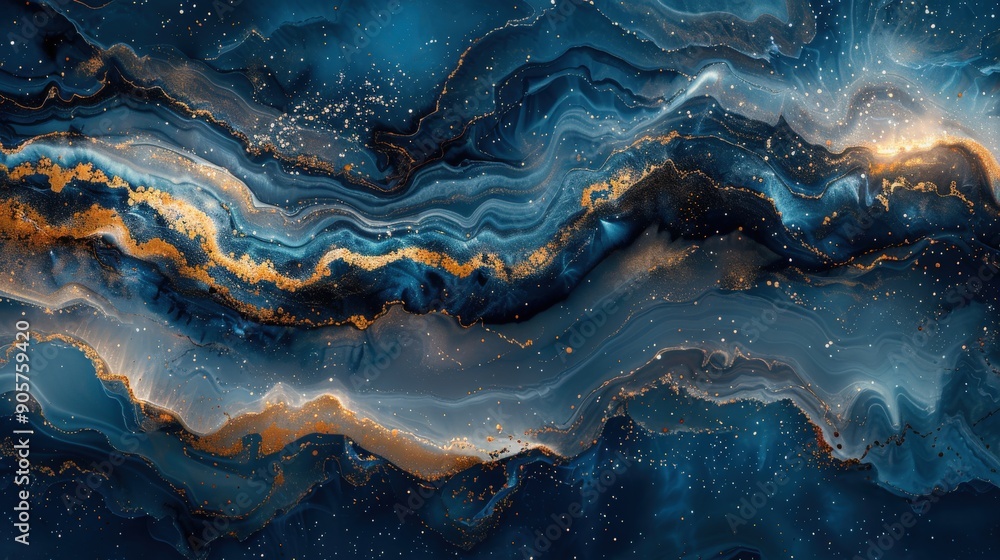 A high-resolution abstract image showcasing a textured blue background with gold and liquid paint effects, creating a seamless pattern that reflects the elegance of mineral and rainbow textures A high-resolution abstract image showcasing a textured blue background with gold and liquid paint effects, creating a seamless pattern that reflects the elegance of mineral and rainbow textures