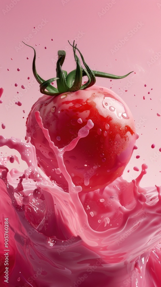 Tomato Splashing into Pink Liquid with Green Stem Tomato Splashing into Pink Liquid with Green Stem