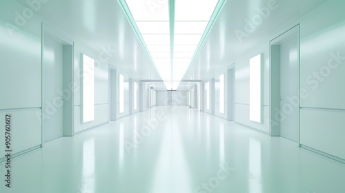 Technologically Advanced Futuristic Hospital Corridor with 3D Elements and Glowing Screens