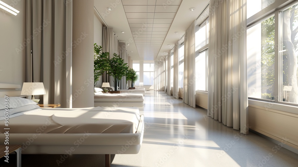 Tranquil 3D Hospital Ward with Neatly Arranged Beds and Serene Atmosphere Tranquil 3D Hospital Ward with Neatly Arranged Beds and Serene Atmosphere